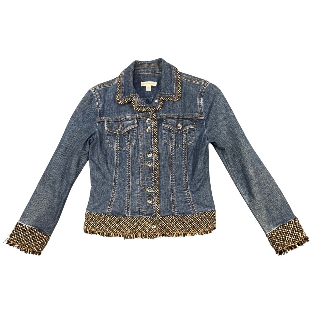 Coldwater Creek Blue Tweed Trim Denim Jacket Women Size P6
